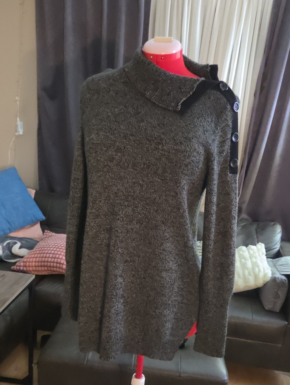 VENUS Charcoal Gray Button-Shoulder Cowl Sweater